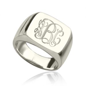 Engraved Square Design Monogram Ring Sterling Silver