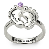 Engraved Baby Feet Ring with Birthstone Platinum Plated