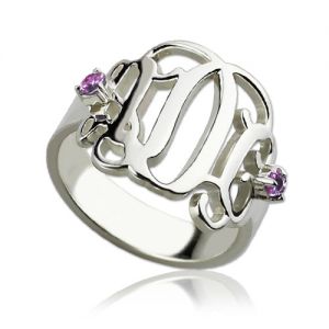 Birthstones Monogram Ring For Women Sterling Silver