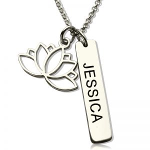 Yoga Necklace with Lotus Flower & Engraved Name Bar