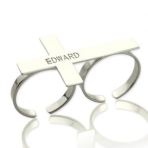 Two-finger Cross Ring Engraved Custom Name Sterling Silver