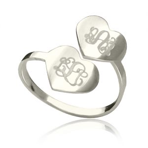 Custom Made Two Hearts Monogram Initial Ring Silver