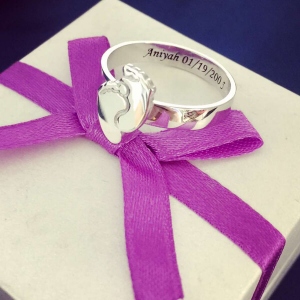 Engraved Baby Feet Ring For Mom Sterling Silver