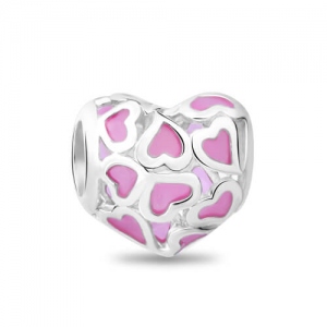 Sterling Silver Pink Heart Charm with Pattern of Hearts Design