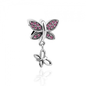 Silver 'Fly With Me' Butterfly Charm with Fuchsia Cubic Zirconia