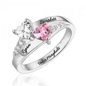 Engraved Double Heart Birthstone Ring Sterling Silver