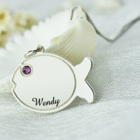 Fish Birthstone Necklace Engraved Name Sterling Silver