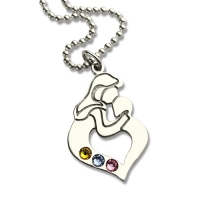 Personalized Mother & Child Necklace with Birthstones Silver