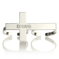 Two-finger Cross Ring Engraved Custom Name Sterling Silver