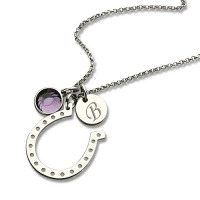 Horseshoe Good Luck Necklace with Initial & Birthstone Charm