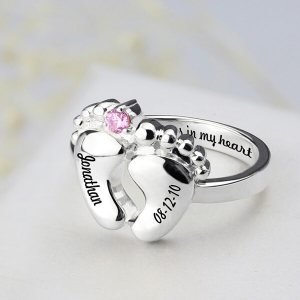 Engraved Baby Feet Ring with Birthstone Platinum Plated