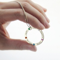 Silver Circle Family Necklace with 5 Names & Birthstones