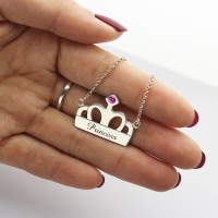 Crown Charm Necklace with Birthstone & Name Sterling Silver