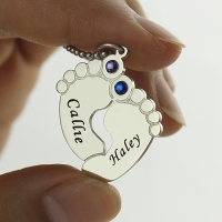 Personalized Baby Feet Name Necklace with Birthstone Silver