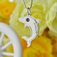 Dolphin Necklace with Birthstone & Name Sterling Silver