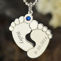 Memory Baby's Feet Charms Necklace with Birthstone Sterling Silver