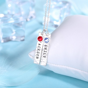 Engraved Hammered Bar Necklace with Birthstones Pure Silver