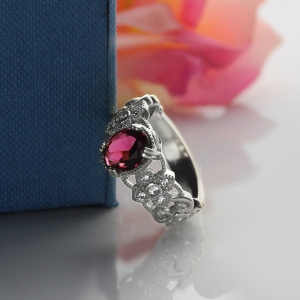 Gorgeous Birthstone Engraved Mantilla Oval Name Ring Silver