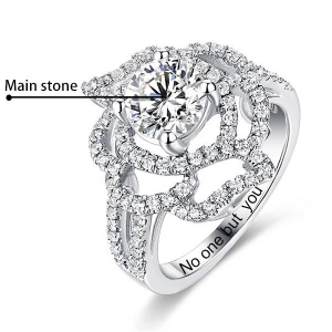 Engraved Gemstone Floral Wedding Ring In Silver