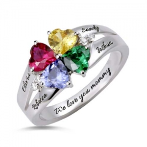 Custom Four-Heart Birthstone Engravable Ring Sterling Silver