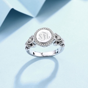 Engraved Sterling Silver Crown Monogram Ring