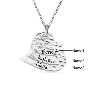 Engraved Hammered Family Heart Necklace Pure Silver