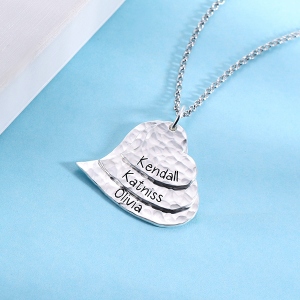 Engraved Hammered Family Heart Necklace Pure Silver