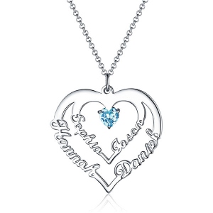 Personalized Heart Necklace with 4 Names & Birthstones in Sterling Silver