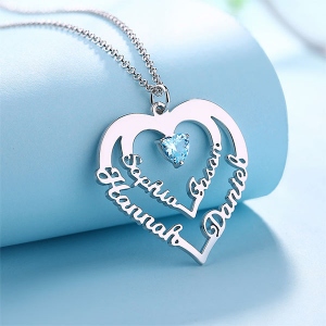 Personalized Heart Necklace with 4 Names & Birthstones in Sterling Silver