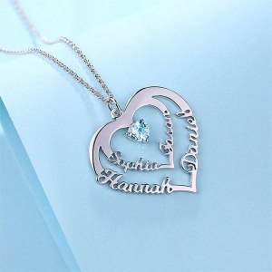 Personalized Heart Necklace with 4 Names & Birthstones in Sterling Silver