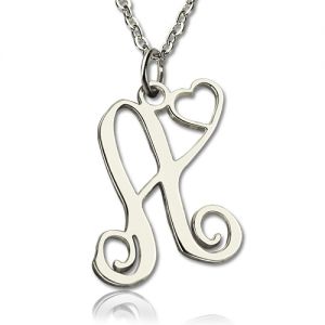 One Initial Monogram Necklace With Heart Silver