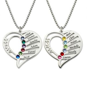 Engraved Heart Mother Birthstones Necklace Sterling Silver