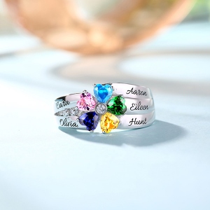 Engraved 5 Heart-Shaped Birthstones Ring In Sliver