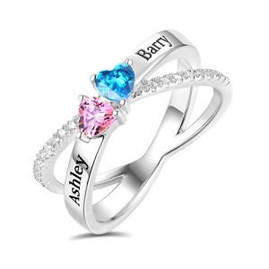 Personalized Heart Birthstones Crisscross Ring In Silver