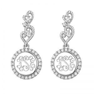 Engraved Lace Circle Monogram Silver Earrings