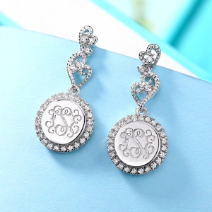 Engraved Lace Circle Monogram Silver Earrings