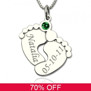 Silver Engraved Baby Feet Necklace with Personalized Birthstone Sale