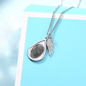 Personalized Teardrop Fingerprint Necklace With Angel Wing