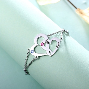 Engraved Interlocking Heart Birthstones Bracelet