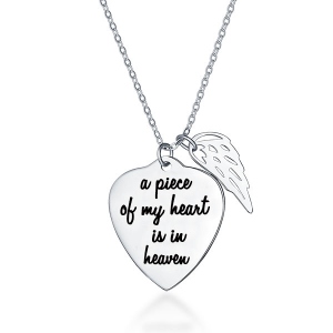 Personalized Memorial Heart Necklace with Angel wing Sterling Silver