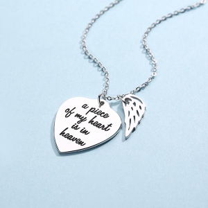 Personalized Memorial Heart Necklace with Angel wing Sterling Silver