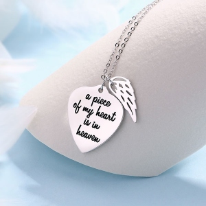 Personalized Memorial Heart Necklace with Angel wing Sterling Silver