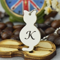 Personalized Tiny Cat Initial Pendant Necklace Silver