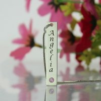 Vertical Bar Necklace Name Tag Silver with Birthstone