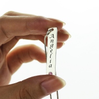 Vertical Bar Necklace Name Tag Silver with Birthstone