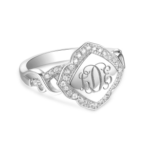 Custom Flower Design CZ Initial Monogram Ring