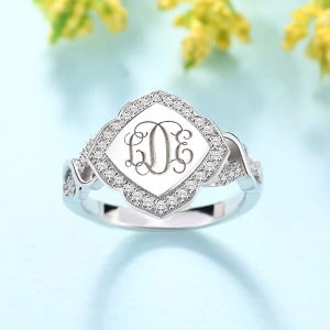 Custom Flower Design CZ Initial Monogram Ring