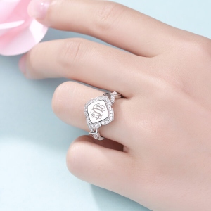 Custom Flower Design CZ Initial Monogram Ring