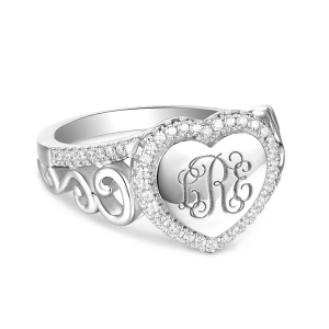 Engraved Heart Sterling Silver Monogram CZ Ring