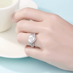 Engraved Heart Sterling Silver Monogram CZ Ring